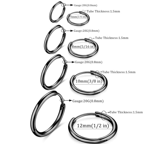 316L Surgical Stainless Steel Huggie Hoop Earrings 6mm 8mm 10mm 11mm 12mm 14mm Hypoallergenic Earrings Hoop Cartilage Helix Lobes Hinged Sleeper Earrings For Men Women - style: "(D6/8/10/12) THK 1.5mm V Black"