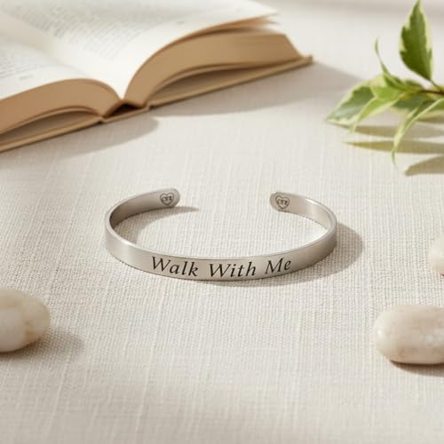 Walk With Me Stainless Steel Cuff Bracelet – Faith-Inspired Christian Jewelry with Scripture Engraving, LDS Daily Reminder Bracelet for Missionaries, Youth & Adults