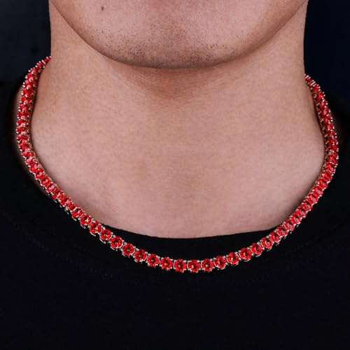 Savlano 18K Gold Plated Cubic Zirconia Round 4.5MM Classic Tennis 18 Inches Chain Necklace For Women & Men Comes With a Gift Box - color: White Gold-Red CZ