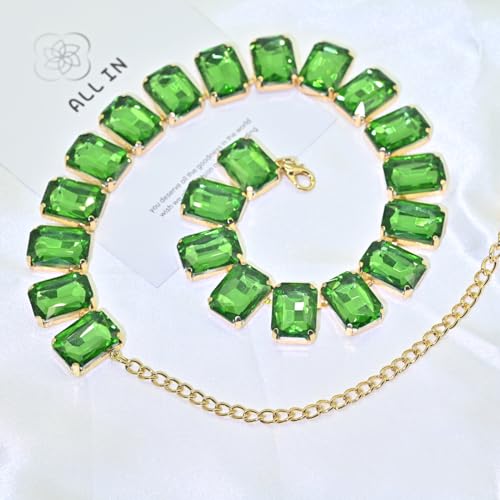Fashionable Chunky Plated Tennis Rhinestone Statement Necklace Jewelry Set for Women Multicolor gem necklace with Great Sparkle and Shine Design for Women to Easy Match - color: green square rhinestone