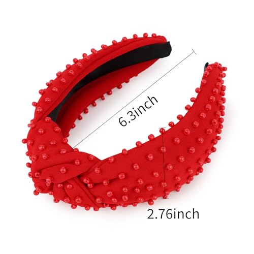 YISSION Red Beaded Knotted Headband, Wide Non-Slip Padded Top Knot Hairband for Women & Girls, 4th of July Independence Day Party Hair Accessories - color: Red