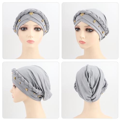 African Women Turban Caps Pre-Tied Twisted Turbans Head Scarf for Women Hair Wraps Cover Beanie Cancer Chemo Headwear - color: 1 Pack Twisted Braid: Gold Bead Light Grey