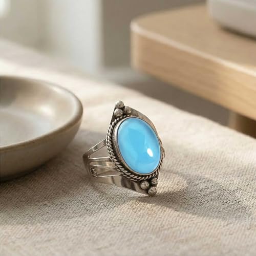 Handmade 925 Sterling Silver Plated Ring Natural Gemstone Carnelian, Rose Quartz, Tiger Eye, Crystal Oval Boho Jewelry For Women - color: Blue Chalcedony