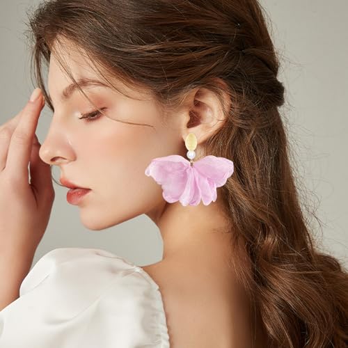 Handmade Fabric Flower Petal Fringe Dangle Drop Earrings Bohemian Floral Tassel Stud Earrings For Women - color: Light Pink