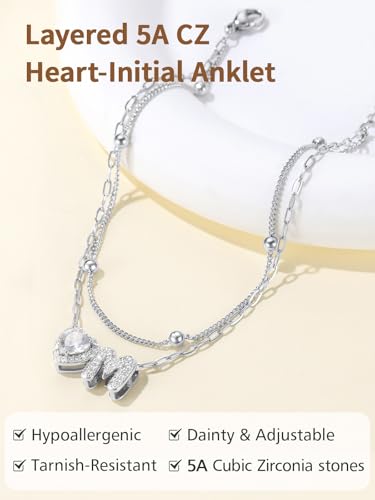 FindChic Silver/14K Gold Plated Layered CZ Initial Ankle Bracelet for Women | Waterproof Stainless Steel, Cubic Zirconia Letter Charm, Non-Tarnish, Hypoallergenic, Adjustable Extender, Summer Jewelry - color: Silver-CZ Heart, size: Q