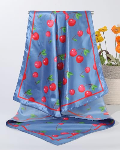 AWAYTR 35” Square Satin Head Scarf Hair Scarf for Women's Hair Silk Bandana for Women Silk Head Wrap for Sleeping - color: Cherry Blue