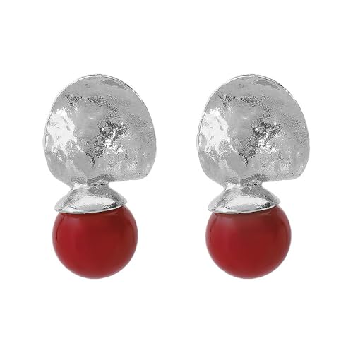 Red Ball Dangle Earrings for Women Boho Hammered Round Circle Bead Statement Charms Drop Earrings Fashion Christmas Holiday Festival Dress Accessories Jewelry Gifts - color: Silver