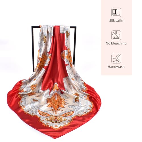 35 x 35 Women's Fashion Pattern Large Square Silk Like Hair Scarf Head Sleeping Wrap Satin Neck Bandana for Gift… - color: Garland Cashew Nuts-red