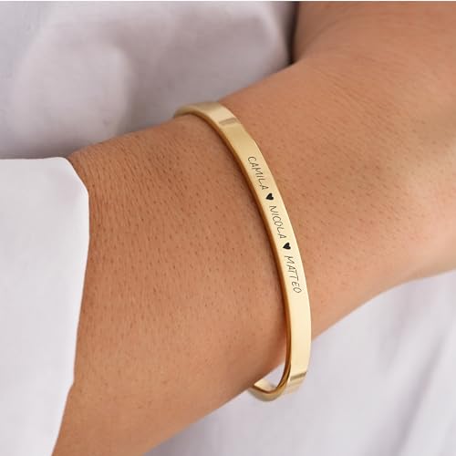 MIONZA 18K Gold Vermeil Personalized Bangle Bracelet for Women, Custom Engraved Cuff with Personal Text