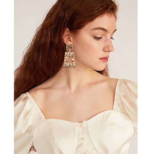 Rhinestone Rectangle Statement Earrings Colorful Crystal Geometric Drop Dangle Earrings for Women Prom Party - color: champagne