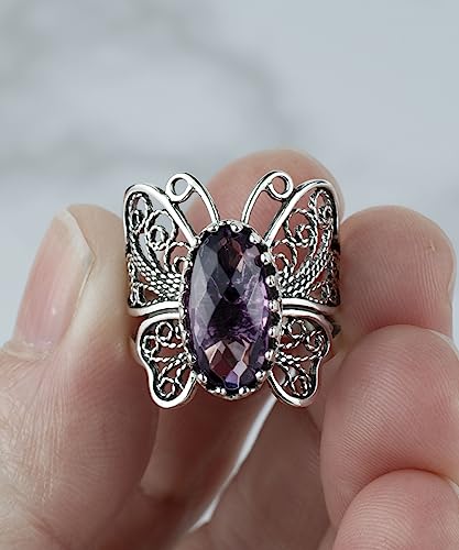 Filigranist Sterling Silver Filigree Art Butterfly Women Cocktail Ring with Gemstones - color: Amethyst