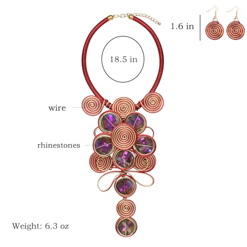 Statement African Necklace For Women African Jewelry Costume Earring Sets Tribal Fashion Colorful Big Rhinestone Crystal Pendent Collar Choker Bold Chunky Bib Handmade - color: D red
