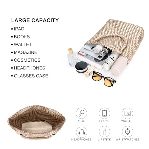 BAGOK Woven Tote Bag for Women, Handwoven Vegan Leather Shoulder Bag with Clutch, Large Tote for Work, Travel & Beach - color: Gold