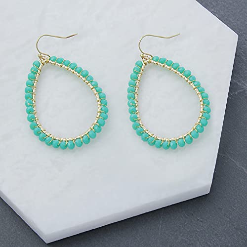 Bohemian Boho Teardrop Dangle Drop Earrings for Women – Delicate - Handcrafted Wire Wrapped Colorful Faceted Glass Beads – Gold Plated – with Gift Box Included - color: Mint Alabaster Teal