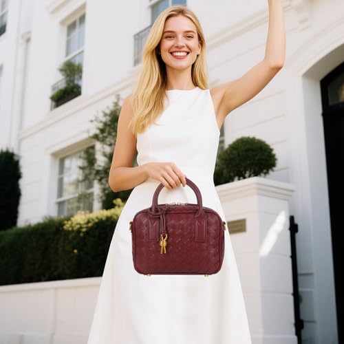 Women's Handmade Woven Top-handle Bag Fashion Leather Shoulder Handbag Crossbody Purse Woven Purse for Women - color: Burgundy