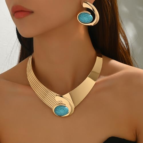 Gold Jewelry Set Chunky Gold Necklace Earring Set for Women Boho Oval Acrylic Earring Necklace Western Adjustable Choker Necklaces Bohemian Jewelry Set For Women - color: Blue