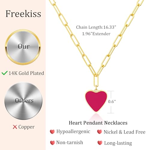 Freekiss Gold Pendant Necklace for Women, Dainty Diamond Necklaces for Women Simple 14K Gold Plated Paperclip Choker Necklaces Cute Minimalist Open Oval Necklaces Gold Jewelry for Women Gifts - color: Gold, style: Hot Pink Heart