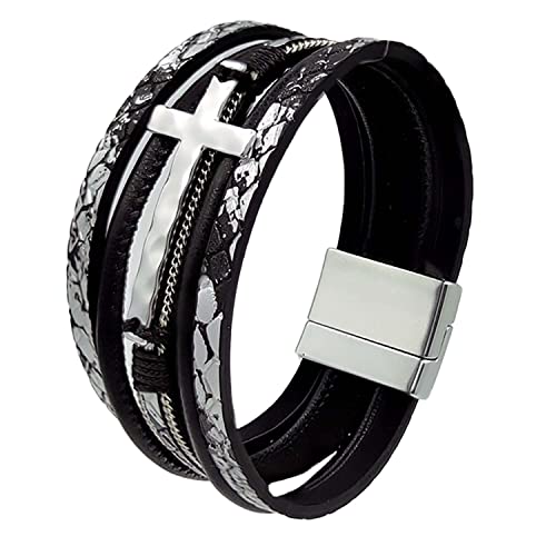 Leather Wrap Bracelets Cross Bracelets Trendy Layered Bracelet for Women Stackable Bracelet Jewelry Birthday Christmas - color: black
