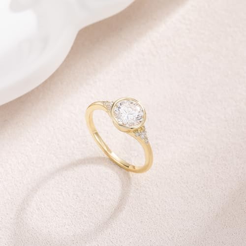 EAMTI 2CT Engagement Rings for Women Round Cut CZ Solitaire Promise Wedding Bands Travel Bezel Ring 14K Gold Plated Size 4-10 - color: Brass-Gold