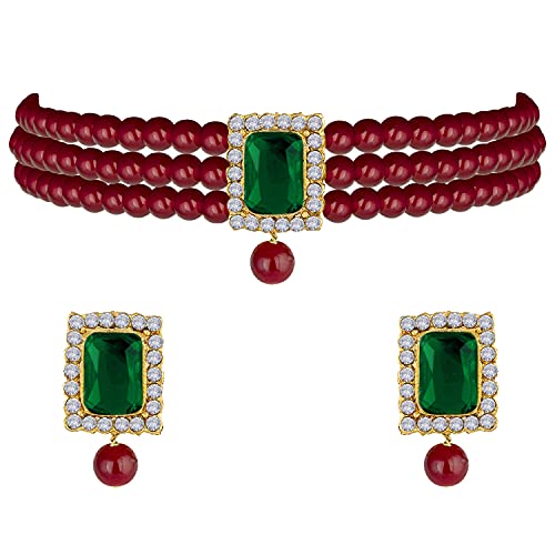 Aheli Ethnic Choker Necklace Earrings Wedding Bollywood Party Jewelry Set Gift for Women - color: Maroon Green