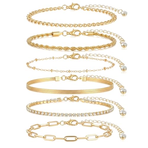 Tyqour 6PCS Ankle Bracelets for Women Gold Anklets for Women Waterproof Gold Women's Anklets Adjustable Size Dainty Summer Beach Jewelry Gift for Women Teen