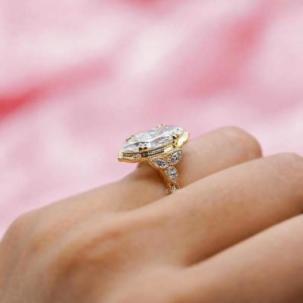 Silvart 3 Ct Marquise Cut Diamond Antique Art Deco Cathedral Vintage Milgrain Floral Engagement Ring For Women 14K Yellow Gold Plated Engraving Wedding Bridal Ring 925 Sterling Silver Handmade Ring