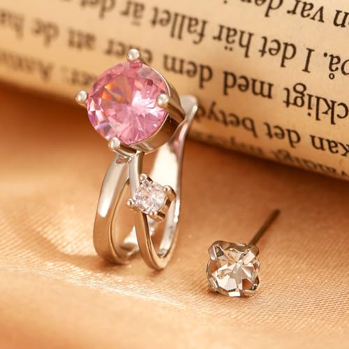 Cubic Zirconia Ear Cuff Non-Piercing CZ Clip on Earrings Round Crystal Stud Earrings Silver Cartilage Hypoallergenic Earrings Set Party Prom Jewelry for Women - color: Pink