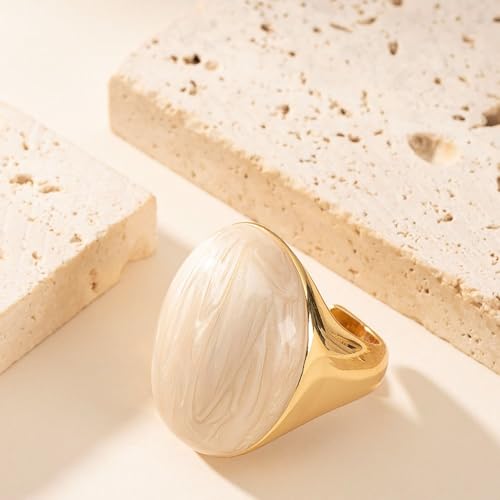 Kokoma Geometric Oval Statement Ring for Women Minimalist Open Adjustable Ring Gold Plated Bold Dome Cocktail Rings Promise Anniversary Band Jewelry - color: White