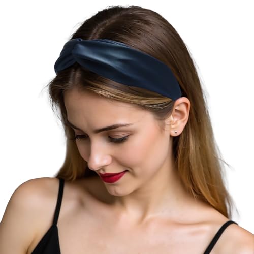 ZLYC Mulberry Silk Headband Elastic Twist Knotted Head Bands for Women's Hair, Solid Navy - color: Solid Navy