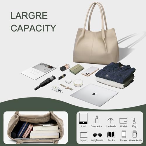 KKXIU Tote Bag for Women Vegan Leather Shoulder Purse Large Capacity Travel Bag - color: Beige
