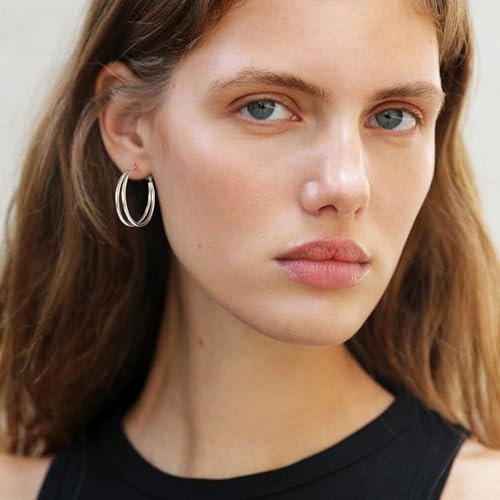 OOOPEL Large Thin Double Hoop Earrings for Women Lightweight Hypoallergenic 925 Sterling Silver Post 14K Gold Hoops Non Tarnish Sturdy Big Thin Double Layered Hoop Earrings 30/40/50/60mm - color: Silver, size: 30mm