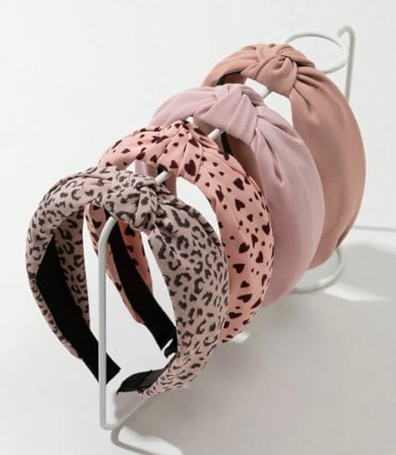 Knotted Fashion Hairbands for Women - Non-Slip Wide Hair Hoops, Cute Top Knot Headbands for Girls (Pink Heart Leopard Print) - color: Pink Heart Leopard Head Band