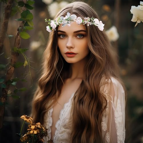 Vivivalue Floral Halo Boho Flower Headband Floral Crown Headpiece Hair Wreath with Ribbon Wedding Party Prom Photos Festival Pink - color: I