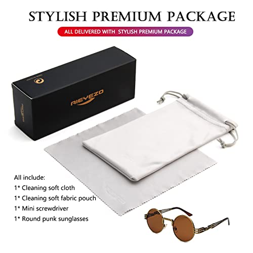 AIEYEZO Round Steampunk Sunglasses for Men Women Retro Circle Hippie Glasses Metal Frame 100% UV Blocking Lens - color: Bronze/Brown