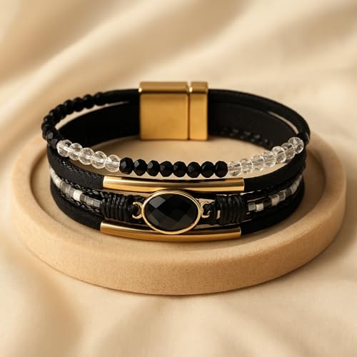 Boho Layered Bracelet for Women – Green Crystal Beaded Wrap Bracelet with Gold Clasp, Multi-Strand Hypoallergenic Statement Jewelry - color: Black Crystal