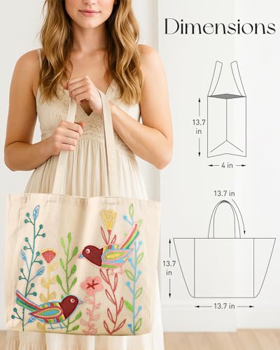 Miss Adola Embroidery Tote Bag with Pocket & Buckle - Reusable Canvas Tote for Women Cute Aesthetic Work Shopping Grocery Bag - style: Bird