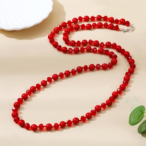 Long Beaded Necklace for Women Boho Colorful Crystal Stone Knot Statement Fashion Costume Jewelry Gifts - color: Red