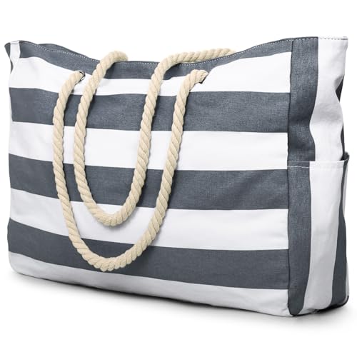 Becokan Beach Bag Large Beach Tote Bag for Women Waterproof Sandproof Swim Pool Bag With Zipper - color: Dark Grey