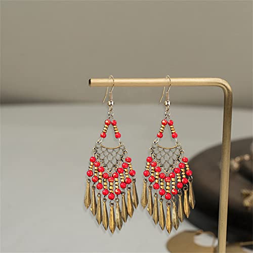 Handmade Vintage Bronze Bohemian Long Tassel Colorful Bead Dangle Drop Earrings Big Tribal Chandelier Geometry Hook Earrings for Women Statement Jewelry Gifts - color: Red