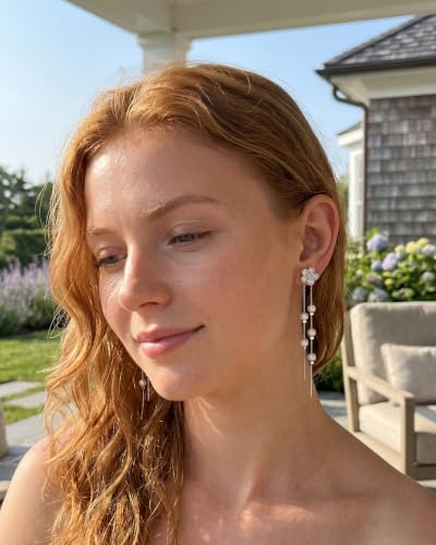 MUMREUES Gold Earrings for Women Trendy 14k Gold Plated Cubic Zirconia Flower Dangle Earrings Hypoallergenic Dainty Pearl Drop Chain Earrings Jewelry Gifts for Her - color: Flower & Silver