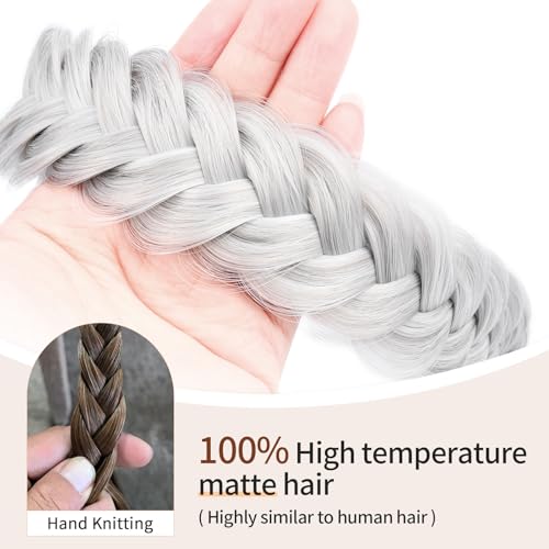2PCs Braided Headband with teeth Handmade Messy Wide Synthetic Hair Elastic Stretch Fluffy Hairpiece for Brides (Light Gray) - color: Light Gray