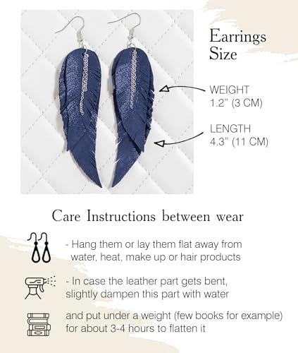 Black shiny Leather Feather Earrings for Women, Lightweight Minimal Boho Dangle Earrings, Small Simple Everyday Jewelry - color: Dark blue