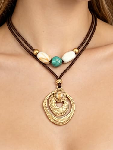 Bohemian Necklaces for Women Long Leather Necklace with Large Pendant Chunky Boho Hippie Jewelry Pendant Chocker Necklace - style: Big Chunky Boho Necklace
