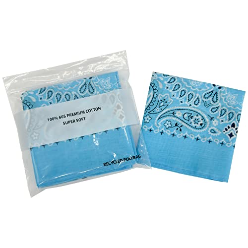 Single Pack Bandanas 60s Premium Cotton Soft Thin Handfeel Large Handkerchief for Men and Women - color: 1 Pack-light Blue