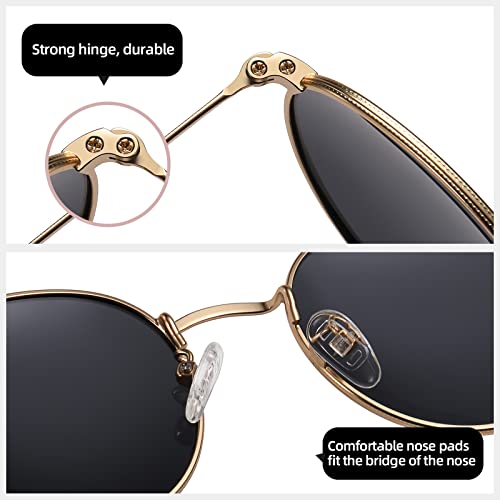 MEETSUN Round Polarized Sunglasses for Women Men Classic Retro Metal Frame Sun Glasses UV Protection - color: (2 Pack) Gold/Blue + Gold/Grey