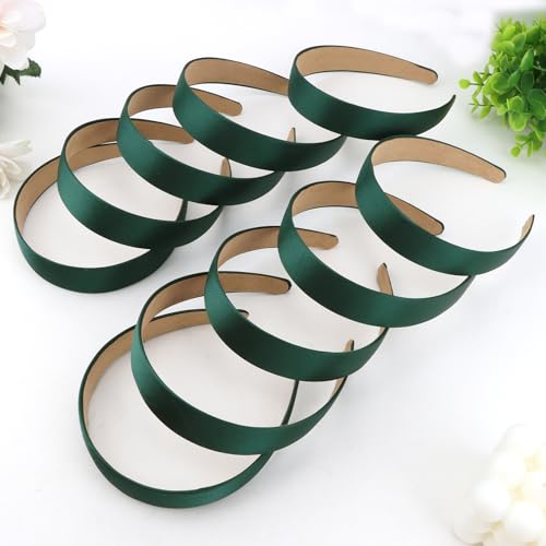 Wecoe 10 Pack Dark Green Headbands 1 Inch Wide Satin Headbands Women Non Slip Fashion Plain Head Bands Solid Hair Bands DIY St. Patrick's Day Hair Accessories for Women Girls Diademas Para Mujer - color: Dark Green