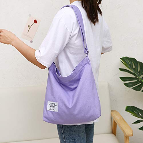 Covelin Women's Retro Large Size Canvas Shoulder Bag Hobo Crossbody Handbag Casual Tote - color: Light Purple