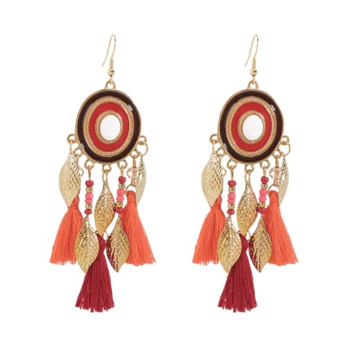 Bohemian Silk Tassels Statement Earrings Vintage Lightweight Gold Leaf Geometric Handmade Beads Drop Dangle Earring Ethnic Style Trendy Jewelry Accessories for Women - color: Red
