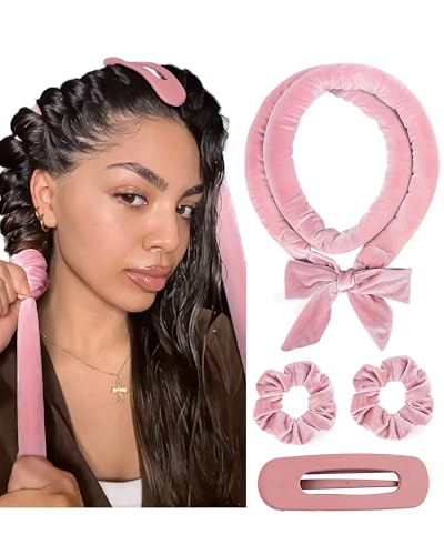 Yanibest Heatless Curls Overnight, Soft Heatless Hair Curler to Sleep in, No Heat Ribbon Wrap, Heatless Curling Set for Long Short Hair with Hair Scrunchies and Clip - color: PurplePink