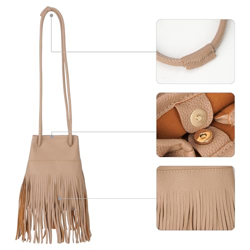 Women Leather Fringe Messenger Bag Mini Hobo Crossbody Tassel Shoulder Bags - color: Solid-khaki
